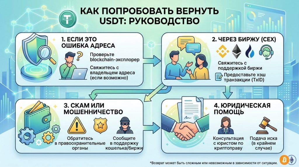 инфографика о возврате средств в криптовалюте USDT: как вернуть деньги, процесс возврата USDT и защита от мошенников при криптоплатежах