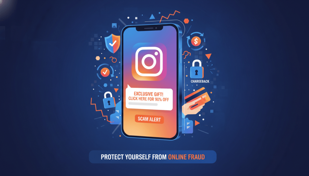 Смартфон с Instagram, отображающий сообщение от мошенников, которые могут обмануть пользователей и привести к потере денег при покупках через социальную сеть