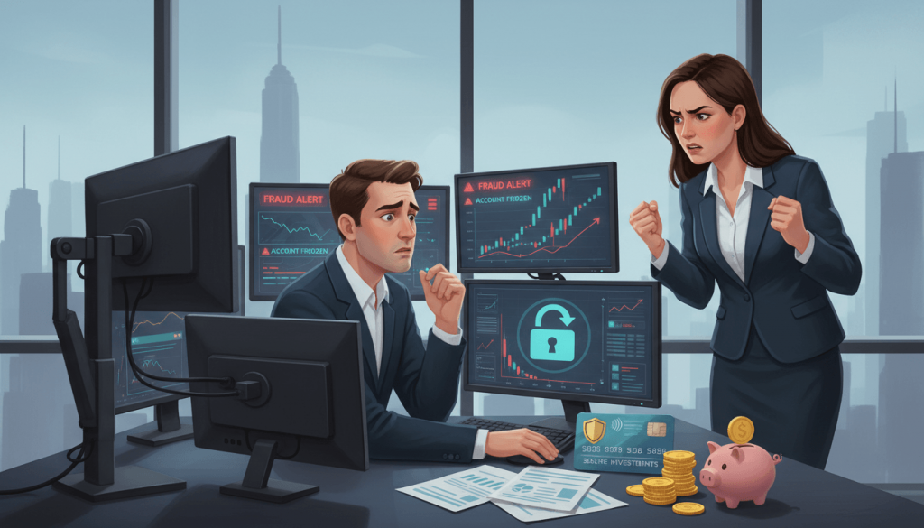 Брокер за компьютером выявляет мошенничество и возврат средств через чарджбек